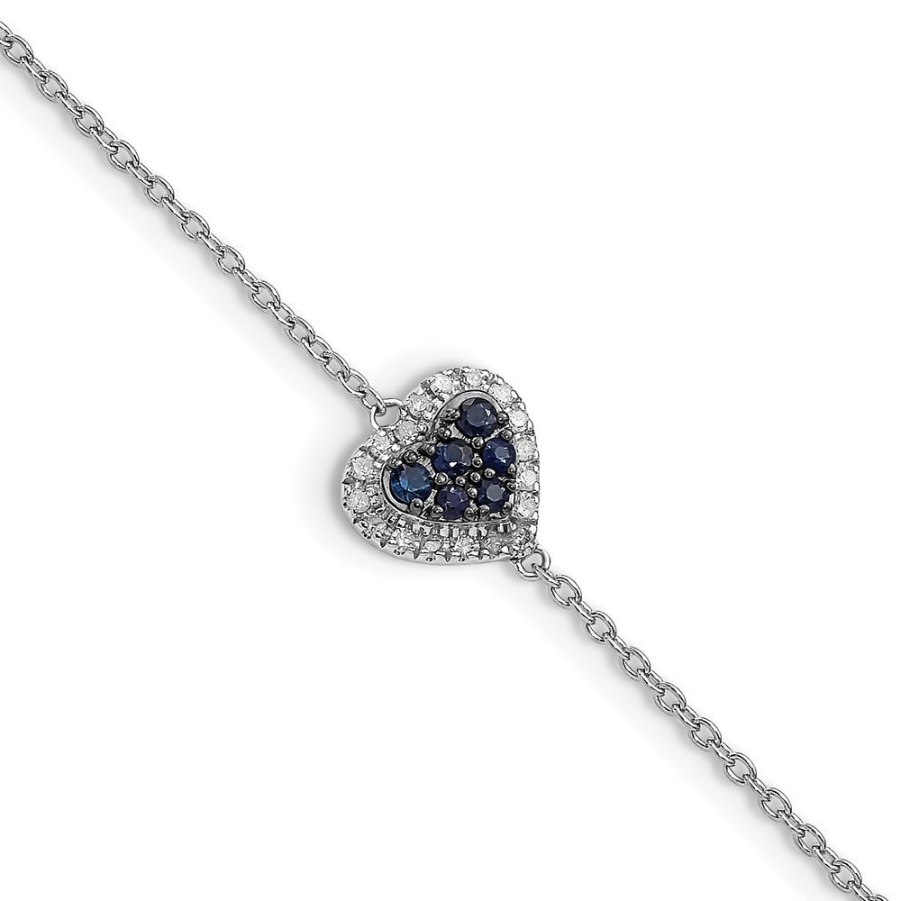 925 Sterling Silver Rhodium Diamond & Blue Sapphire Heart Bracelet, 7" Length